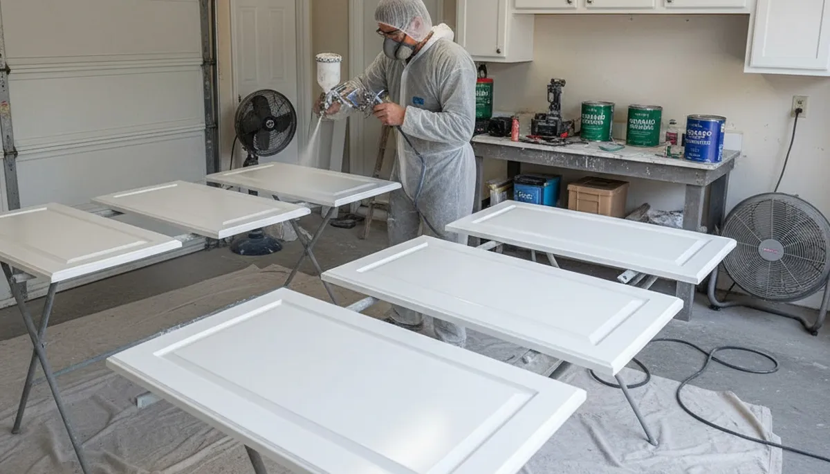 Professional cabinet painting process in Norton, MA showing smooth, durable kitchen finish application