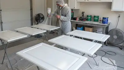 Professional cabinet painting process in Norton, MA showing smooth, durable kitchen finish application