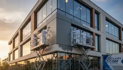 Professional commercial painters working on retail building exterior in Norton, MA
