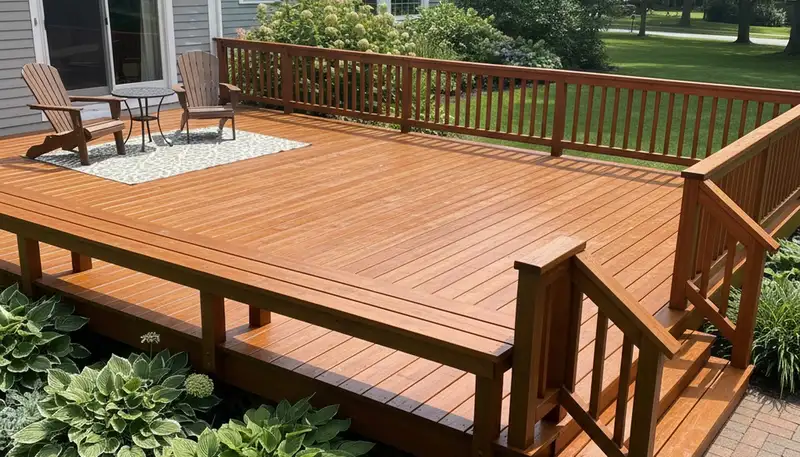 Finished deck staining in Norton, MA highlighting rich wood tones and weather‑resistant professional finish