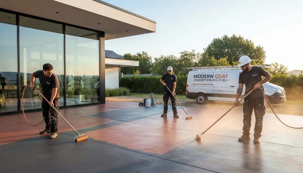 Professional concrete staining on residential patio in Norton, MA by expert house painters