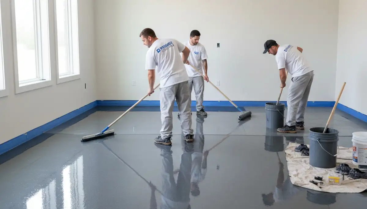 Epoxy floor coating in Norton, MA garage by professional house painters for durable, moisture-resistant finish