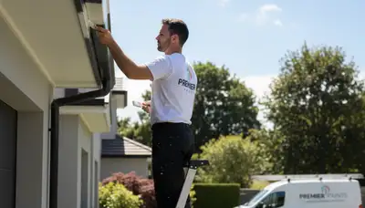 Professional gutter painting on a Norton MA home exterior by expert house painters