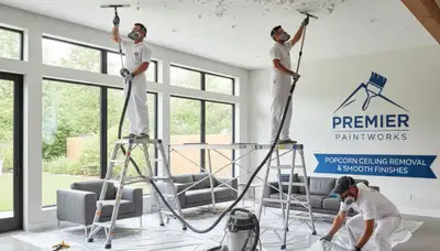 Professional popcorn ceiling removal in Norton, MA by expert house painters preparing smooth ceilings