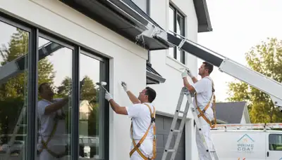 Professional trim and fascia painting on home exterior in Norton, MA by expert house painters