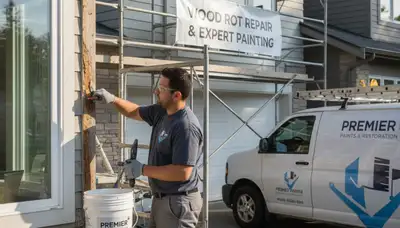 Professional wood rot repair and exterior painting on home siding in Norton, MA